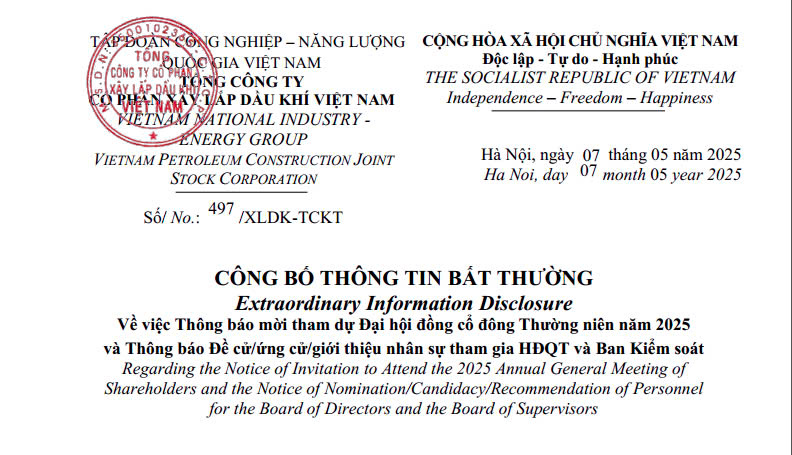 PVX công bố thông tin thư mời tham dự Đại hội đồng cổ đông Thường niên 2025 và các tài liệu đính kèm phục vụ Đại hội.